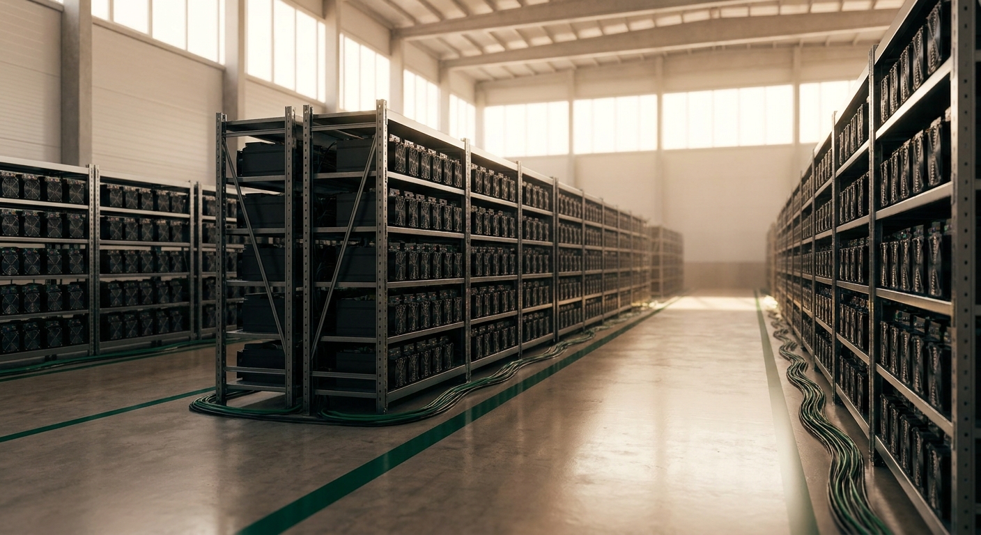 Rows of hosted ASIC miners inside the Alex Hash facility in the UAE